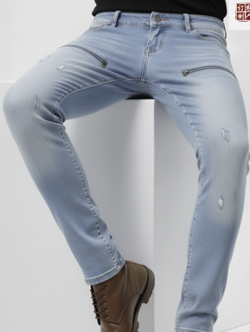 Special Edition Japanese Selvedge Fitted Denim Biker Ripped Jeans Pale Blue