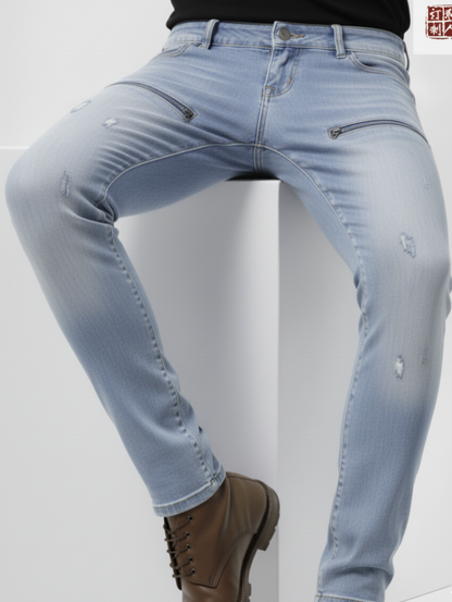 Special Edition Japanese Selvedge Fitted Denim Biker Ripped Jeans Pale Blue