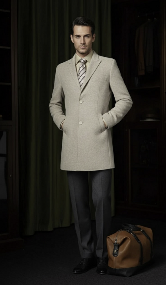 Beige Wool and Silk Single Breasted Overcoat Style No DBV100A