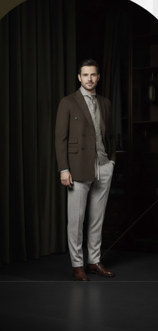 Brown Cashmere Wool and Silk Double Breasted Overcoat Style No DBU9540