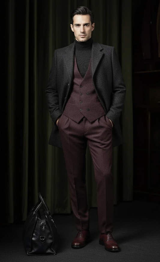 Black and Burgundy Single Breasted Overcoat Style No DBU9046
