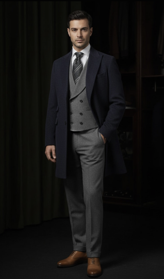 Navy Cashmere SB2 Overcoat  /Grey Wool Trousers Style No DHH0010-DAV7768