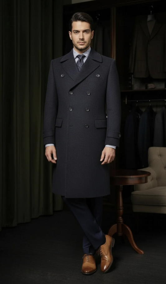 Navy Wool Double Breasted Overcoat Style DBQ568A