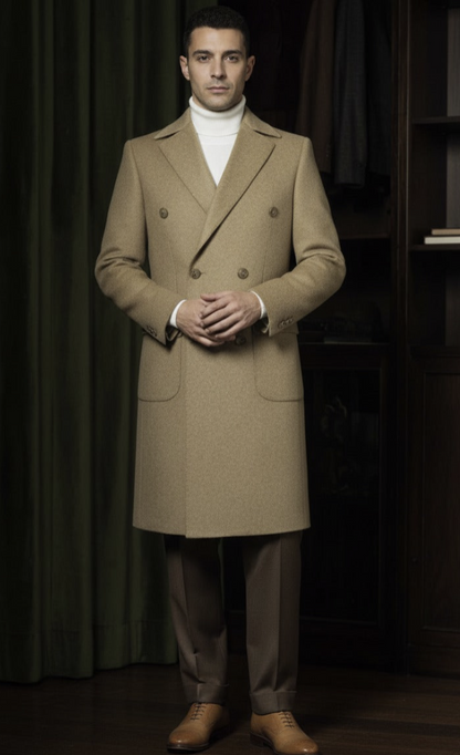 Tan Wool and Cashmere Double Breasted Overcoat Style DBU9075