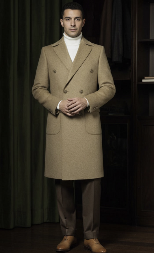 Tan Wool and Cashmere Double Breasted Overcoat Style DBU9075