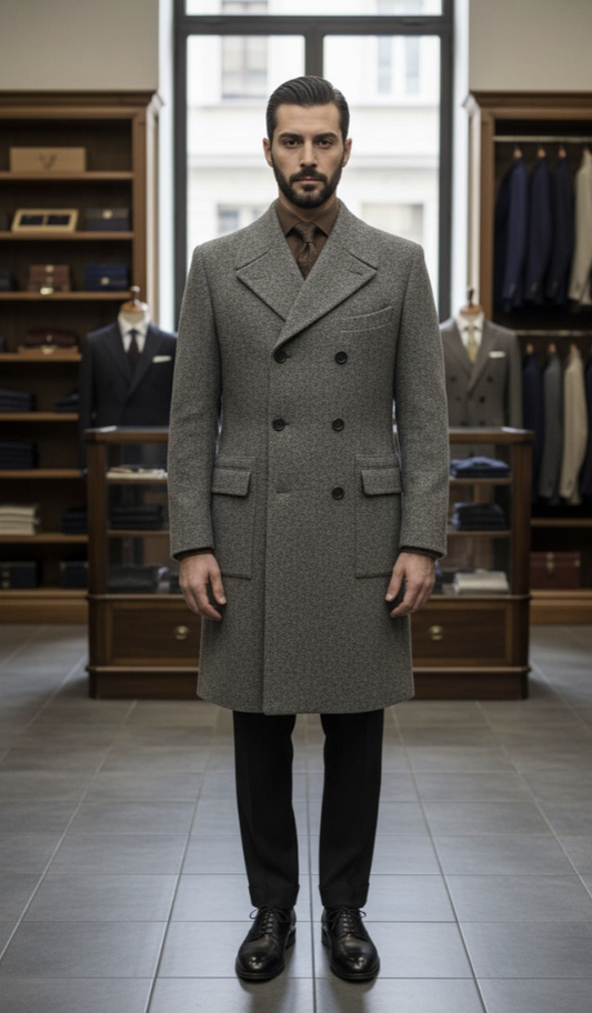 Grey Herringbone Wool Double Breasted Overcoat Style No DHH0014