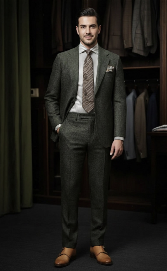 Green Flannel Single Breasted Jacket / Plus Green Flannel Matching Trousers