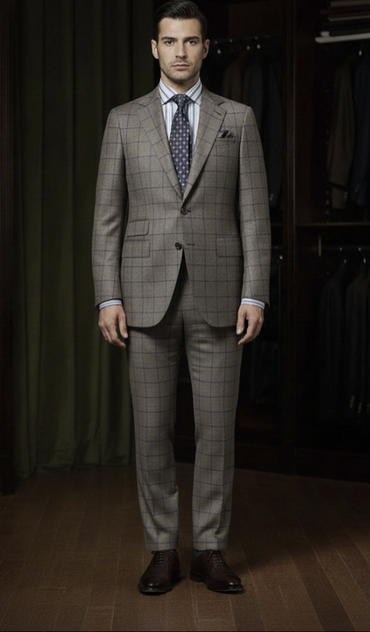 Grey and Navy Check Wool Single Breasted Jacket / Plus Grey and Navy Trousers