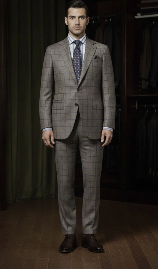 Grey and Navy Check Wool Single Breasted Jacket / Plus Grey and Navy Trousers