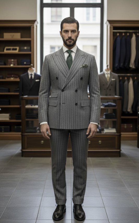 Grey Pinstripe Double Breasted Jacket / Plus Grey Pinstripe Trousers