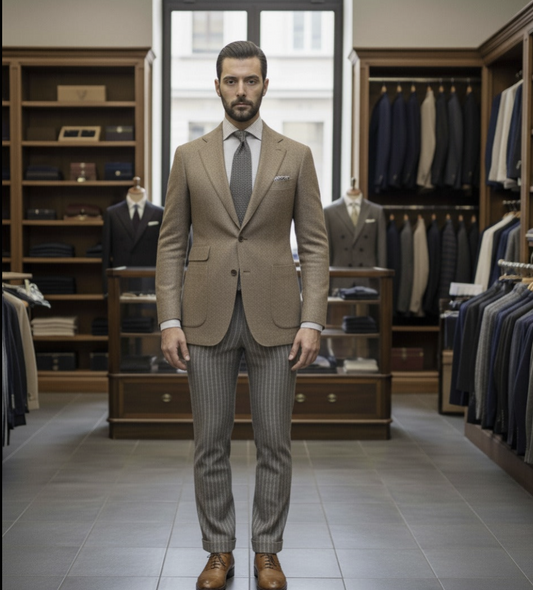 Light Brown Wool and Cashmere Single Breasted Jacket / Plus Pinstripe Wool Trousers