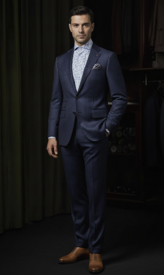 Navy Pinstripe Single Breasted Jacket / Plus Navy Pinstripe Trousers