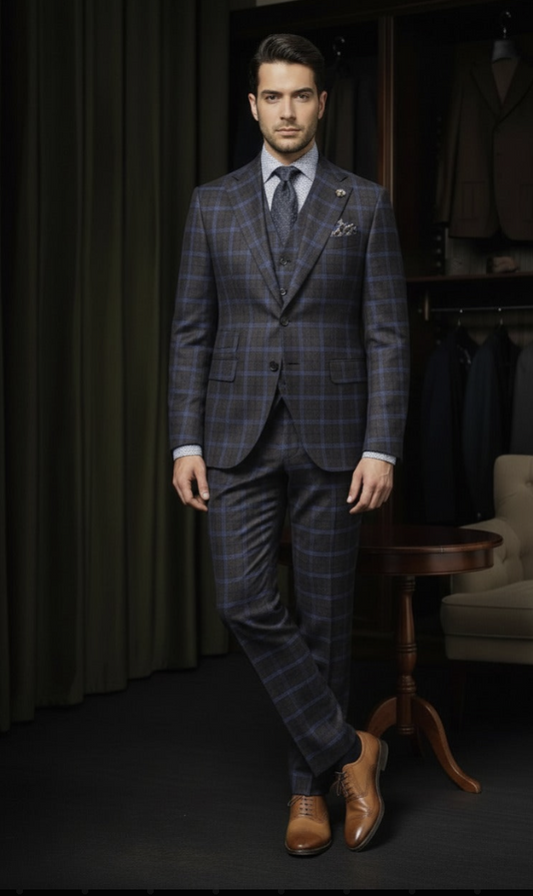 Purple and Navy Check Single Breasted Jacket / Plus Purple and Navy Check Trousers
