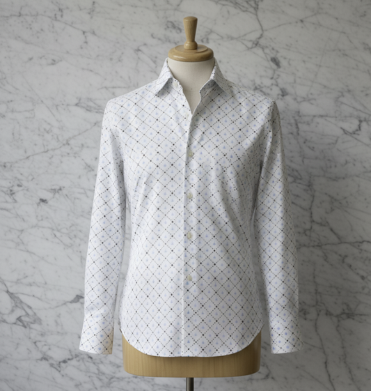 White and Blue Patterned Cotton/Stretch Shirt Style No: 1095-3