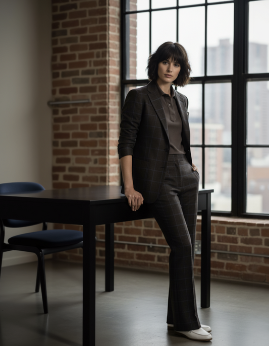 Women's Soft Casual / Wool - Linen Single Breasted Brown Check Jacket Style No DZZ0051