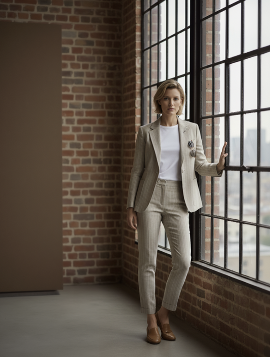 Women's Soft Casual / Linen Single Breasted Tan Chalk Stripe Jacket Style No DJJ0070