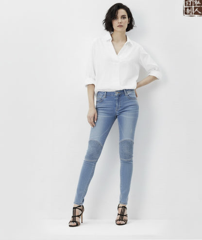 Women's Special Edition Japanese Selvedge Fitted Denim Biker Destruction Jeans Pale Blue