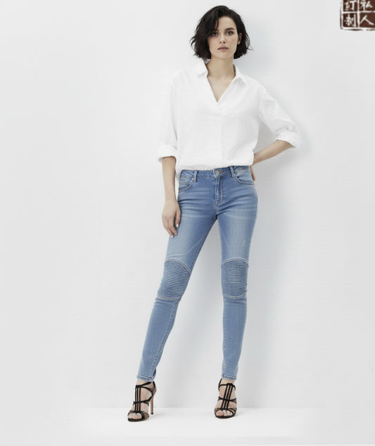 Women's Special Edition Japanese Selvedge Fitted Denim Biker Destruction Jeans Pale Blue