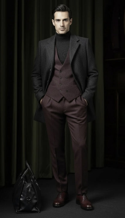 Black and Burgundy Single Breasted Overcoat Style No DBU9046