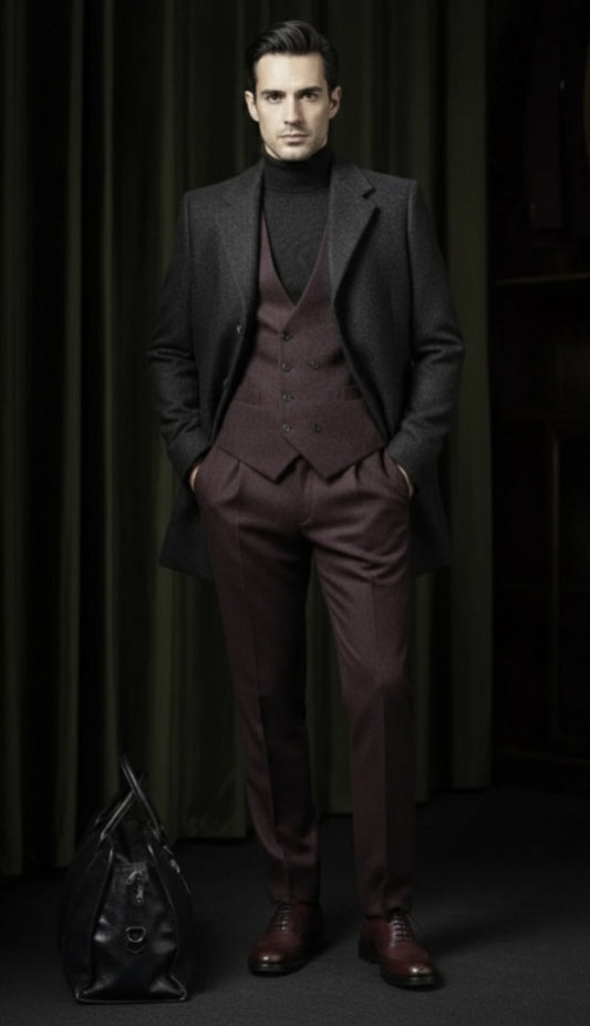 Black and Burgundy Single Breasted Overcoat Style No DBU9046