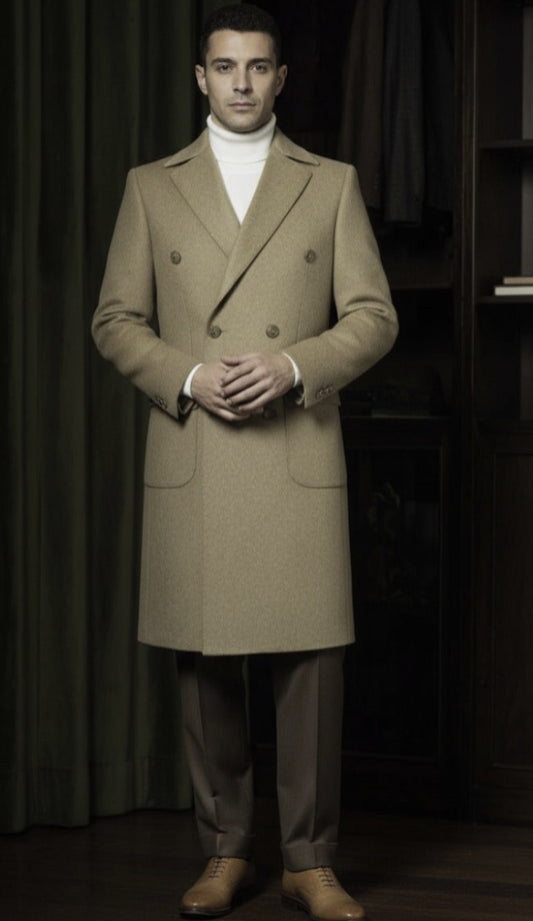 Tan Wool and Cashmere Double Breasted Overcoat Style DBU9075