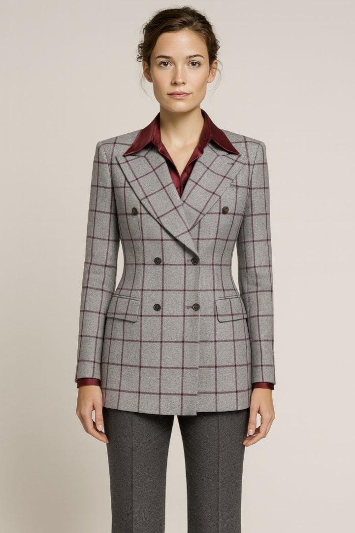 Grey-Wine Ladies Double Breasted Check Wool Jacket  / Style No DBV084A