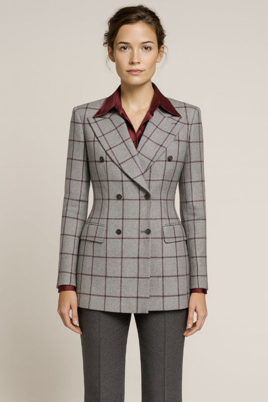 Grey-Wine Ladies Double Breasted Check Wool Jacket  / Style No DBV084A