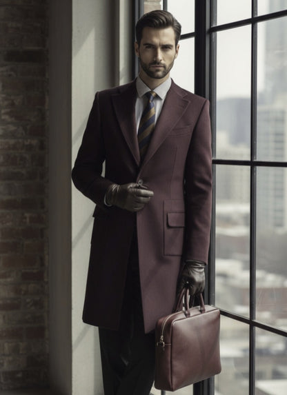 Wine / Red Single Breasted Overcoat Wool Style (SB1) E60226/500