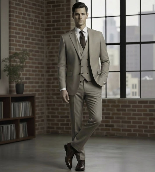 3pc Tan Single Breasted / Three Piece Suit Italian Pure Wool Super 120'S