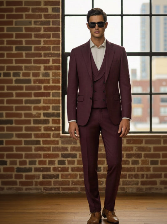 3pc Maroon Single Breasted / Three Piece Suit Italian Pure Wool Super 110'S