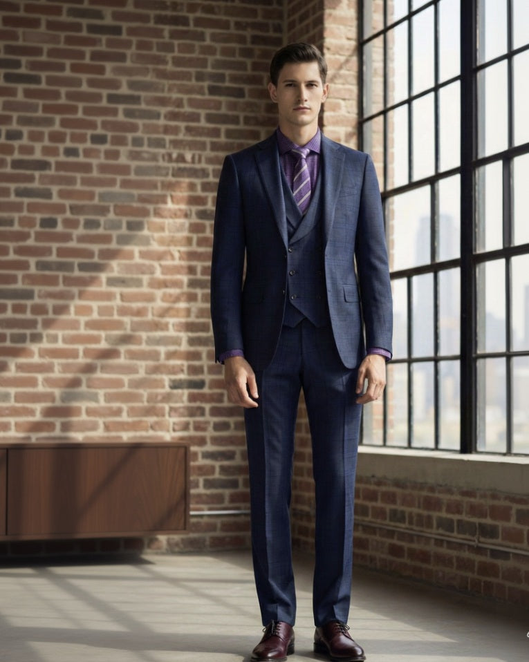 3pc Grey / Blue Check Single Breasted / Three Piece Suit Italian Pure Wool Super 110'S