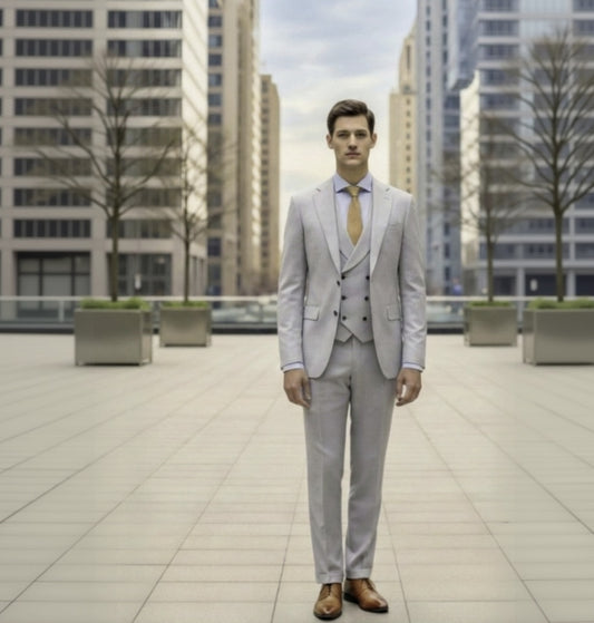 3pc Light Grey Single Breasted / Three Piece Suit Italian Pure Wool Super 110'S