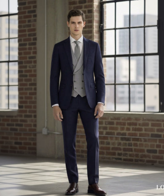 3pc Dark Navy Single Breasted / Three Piece Suit Italian Pure Wool Super 120'S