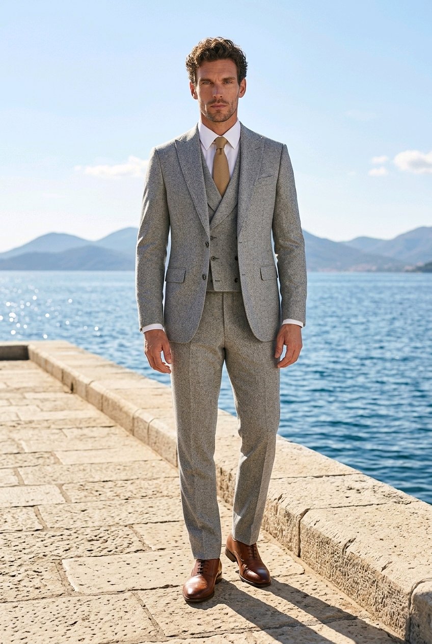 3pc Grey Single Breasted / Three Piece Suit Italian Pure Wool Super 110'S