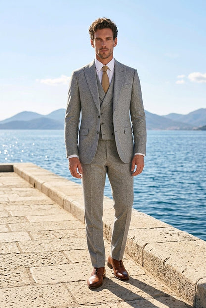 3pc Grey Single Breasted / Three Piece Suit Italian Pure Wool Super 110'S