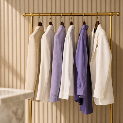 Six jackets and cardigans in neutral and purple tones hanging on a gold metal rack against a beige ribbed wall.