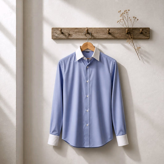 A light blue long-sleeve button-up shirt with a contrasting white collar and white cuffs, hanging on a wooden hanger from a rustic wooden wall rack against a textured off-white wall.