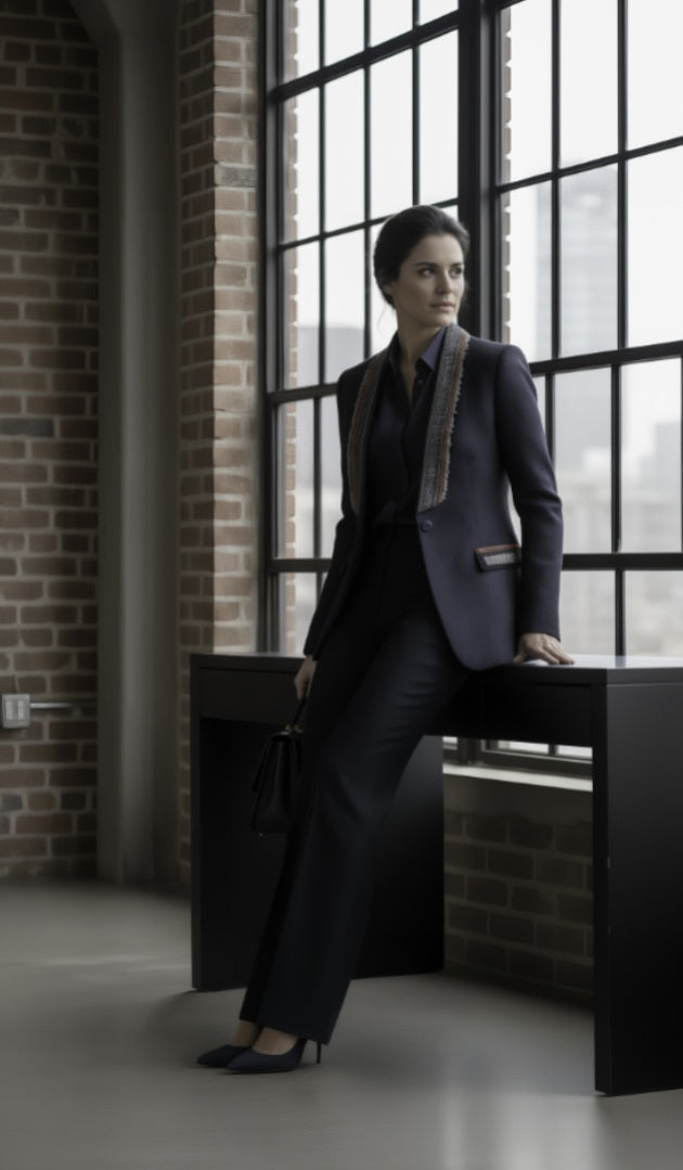 Woman in a dark suit sitting on a desk in a room with large windows and brick walls.
