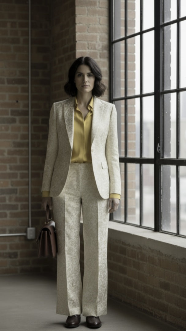 Woman in a beige suit standing in a room with brick walls and large windows.