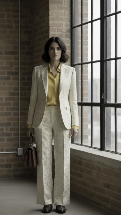 Woman in a beige suit standing in a room with brick walls and large windows.