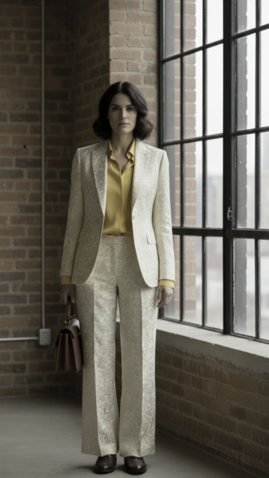 Woman in a beige suit standing in a room with brick walls and large windows.