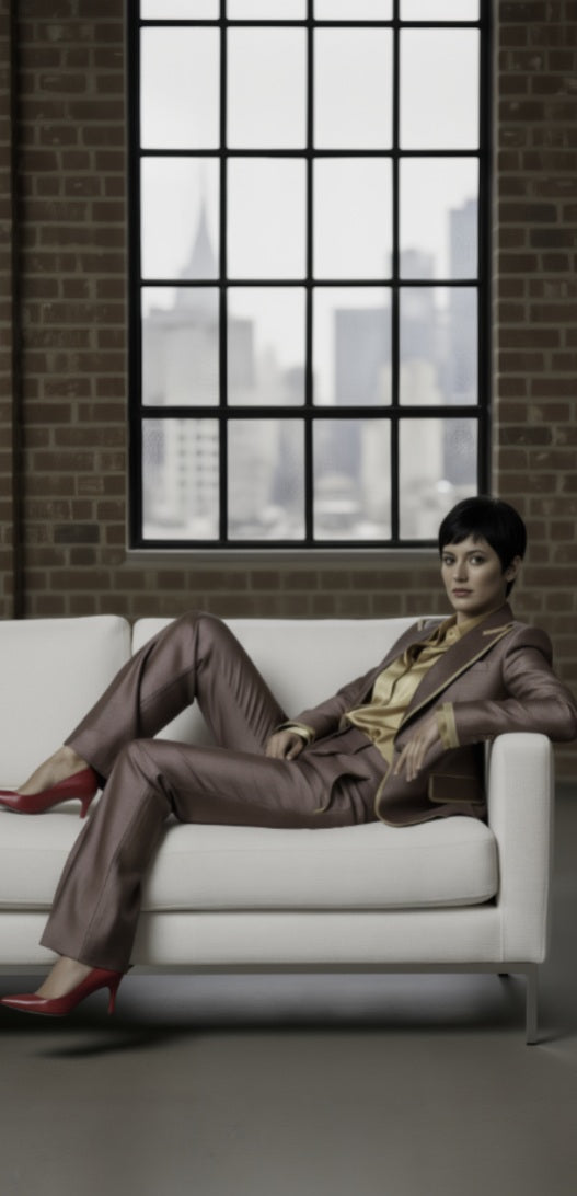 Woman in a suit sitting on a white couch with a cityscape in the background