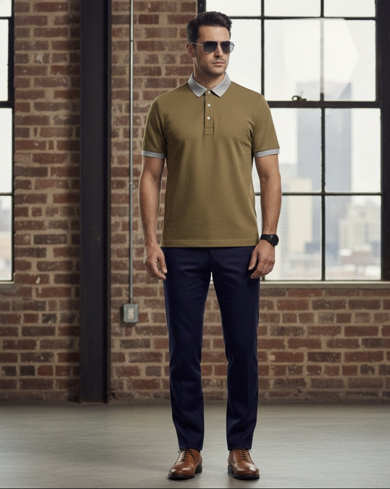Tan-Grey Detail / Bespoke Cotton Short Sleeved Polo Shirt/ 100% Cotton