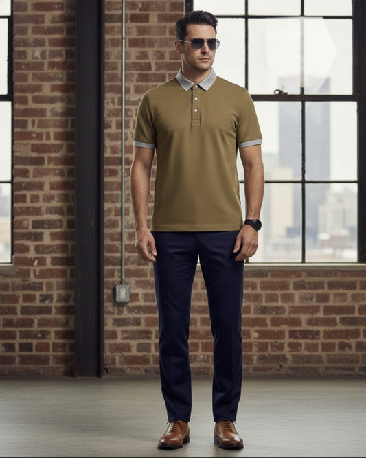 Tan-Grey Detail / Bespoke Cotton Short Sleeved Polo Shirt/ 100% Cotton