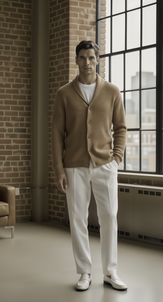 Man wearing a brown cardigan and white pants standing in a room with brick walls and large windows.