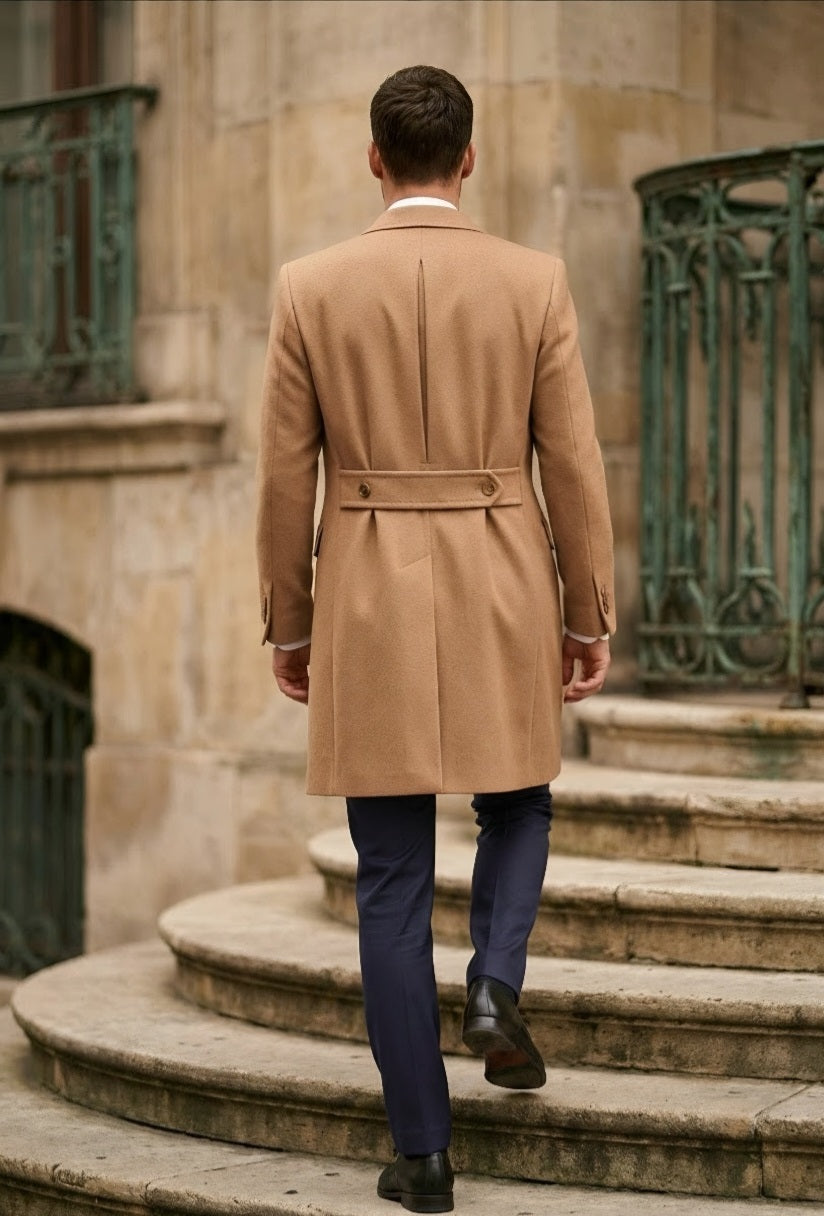 Tan Wool and Cashmere Double Breasted Overcoat
