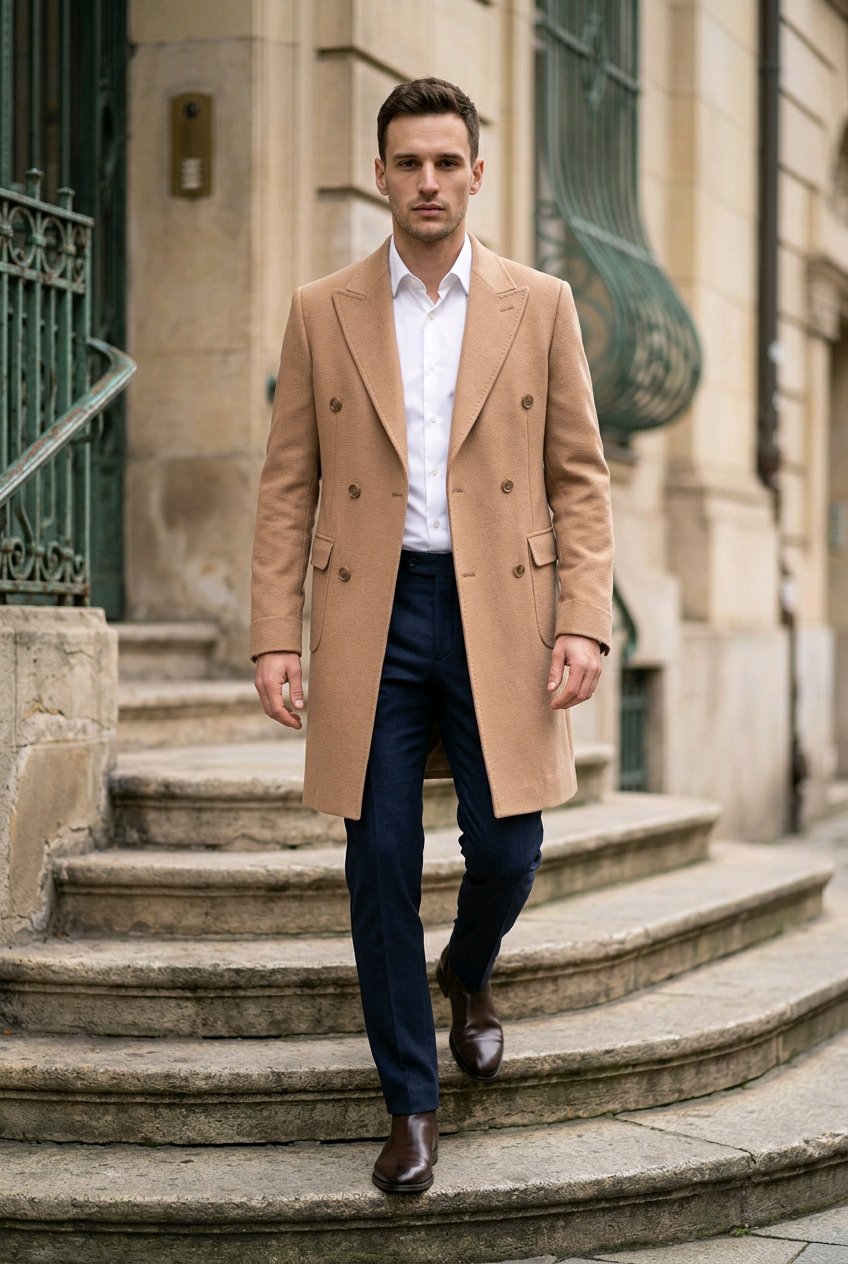Tan Wool and Cashmere Double Breasted Overcoat Style DBU9075