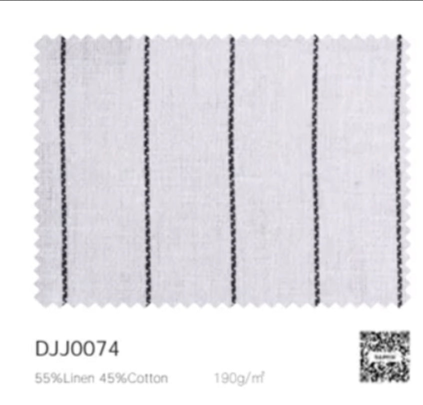 Textile sample with black stripes on white background, featuring material composition and weight information.