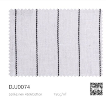 Textile sample with black stripes on white background, featuring material composition and weight information.