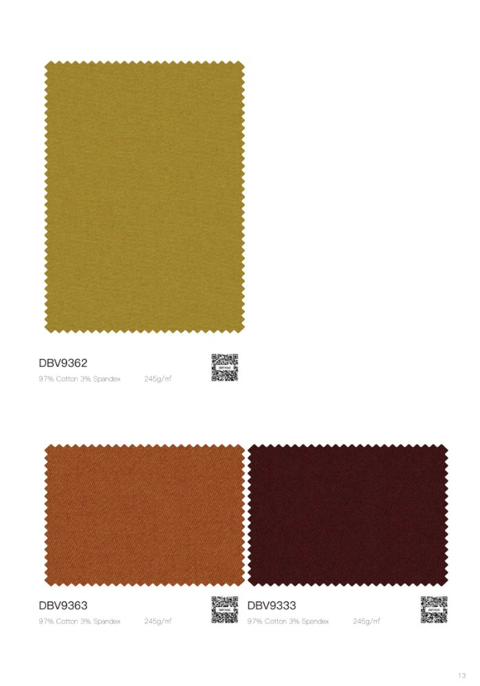 Three fabric color swatches on a white page: a mustard yellow swatch labeled DEV9362, a rust orange swatch labeled DEV9363, and a very dark burgundy red swatch labeled DEV9333. Each swatch has a small QR code and text below.